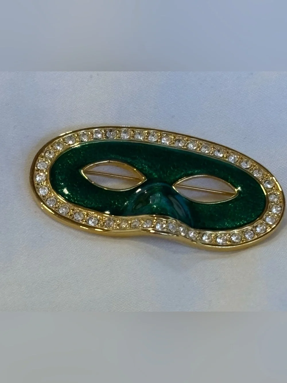 Vintage Italian Silk Tie + Jeweled Green Mask Brooch | Chic Accessory Set